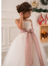 Ivory Lace Tulle Beaded Flower Girl Dress With Mauve Sash